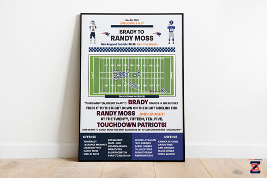 New England Patriots, Football Poster, 2 Records 1 Play, Tom Brady, Randy Moss, Sports Posters